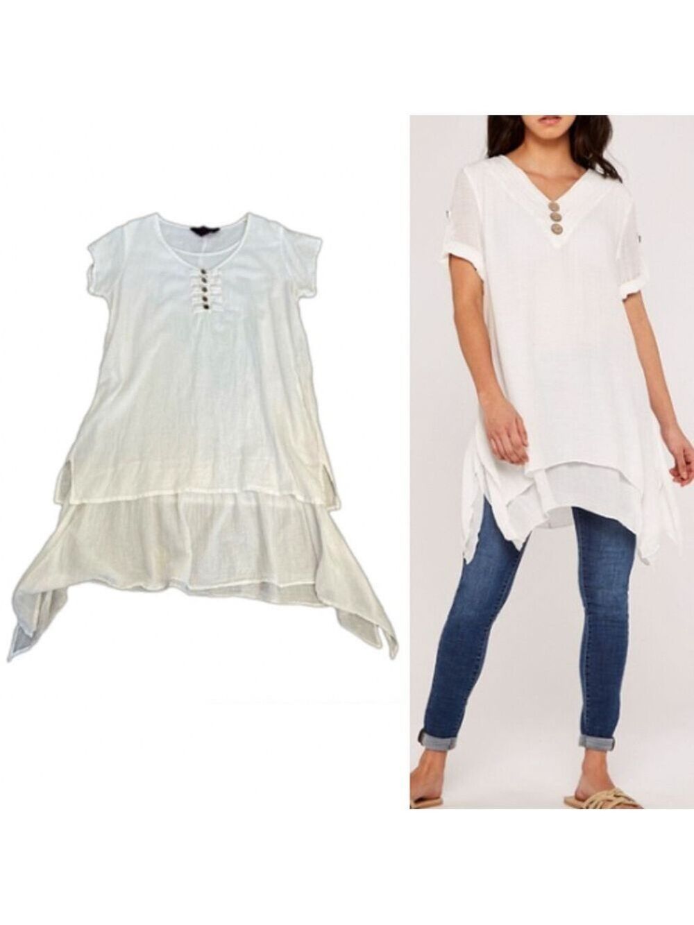 100% Cotton White Layered Lagenlook Tunic Dress, Crinkled Texture O/S fits S/M/L